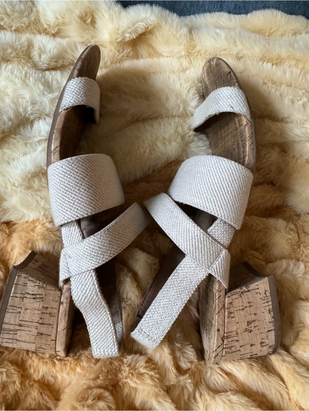 AEROSOLES Neutral Cream Woven Cork Block Heel Sandals